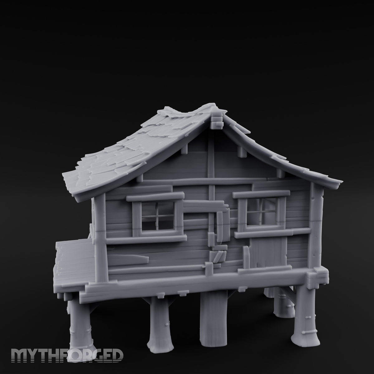 Shingle-Sagging Porch-Fronted Stilt Workers Hut Miniature for Dungeons and Dragons, Pathfinder or other TTRPGs