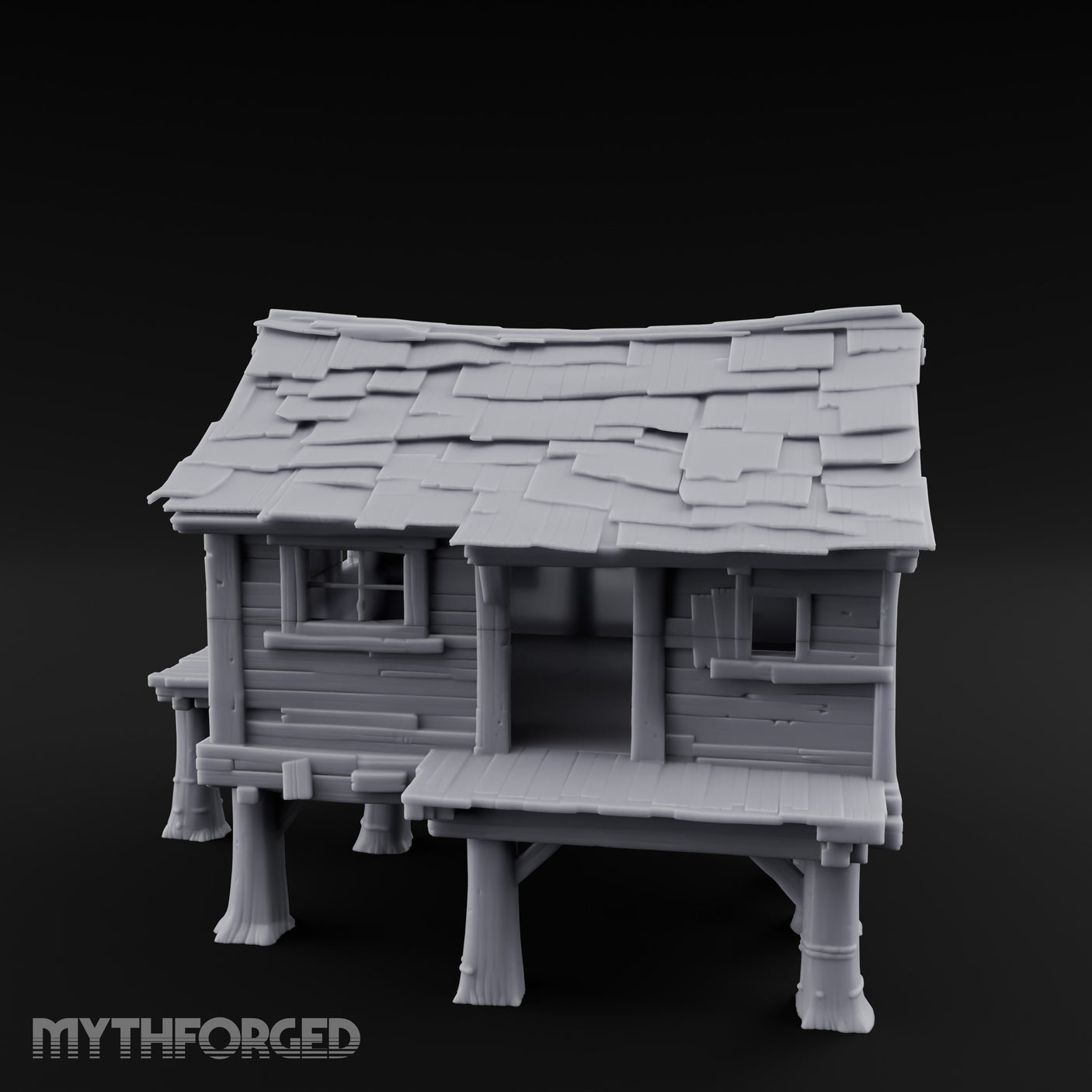 Shingle-Sagging Porch-Fronted Stilt Workers Hut Miniature for Dungeons and Dragons, Pathfinder or other TTRPGs