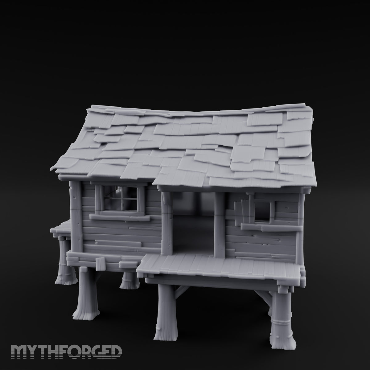 Shingle-Sagging Porch-Fronted Stilt Workers Hut Miniature for Dungeons and Dragons, Pathfinder or other TTRPGs