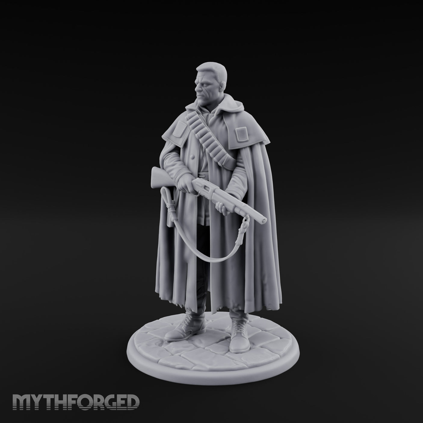 Shotgun-Slung Cape-Flowing Human Wanderer Miniature for Dungeons and Dragons, Pathfinder or other TTRPGs