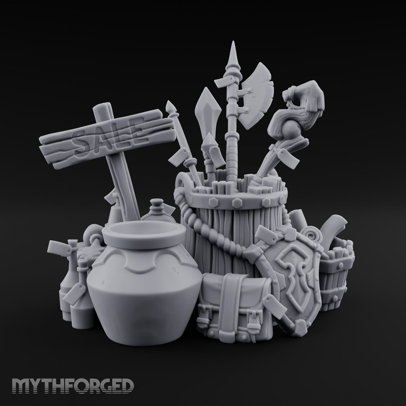 Sign-Posted Weapon-Stuffed Adventurer's Market Clutter Scene Miniature for Dungeons and Dragons, Pathfinder or other TTRPGs