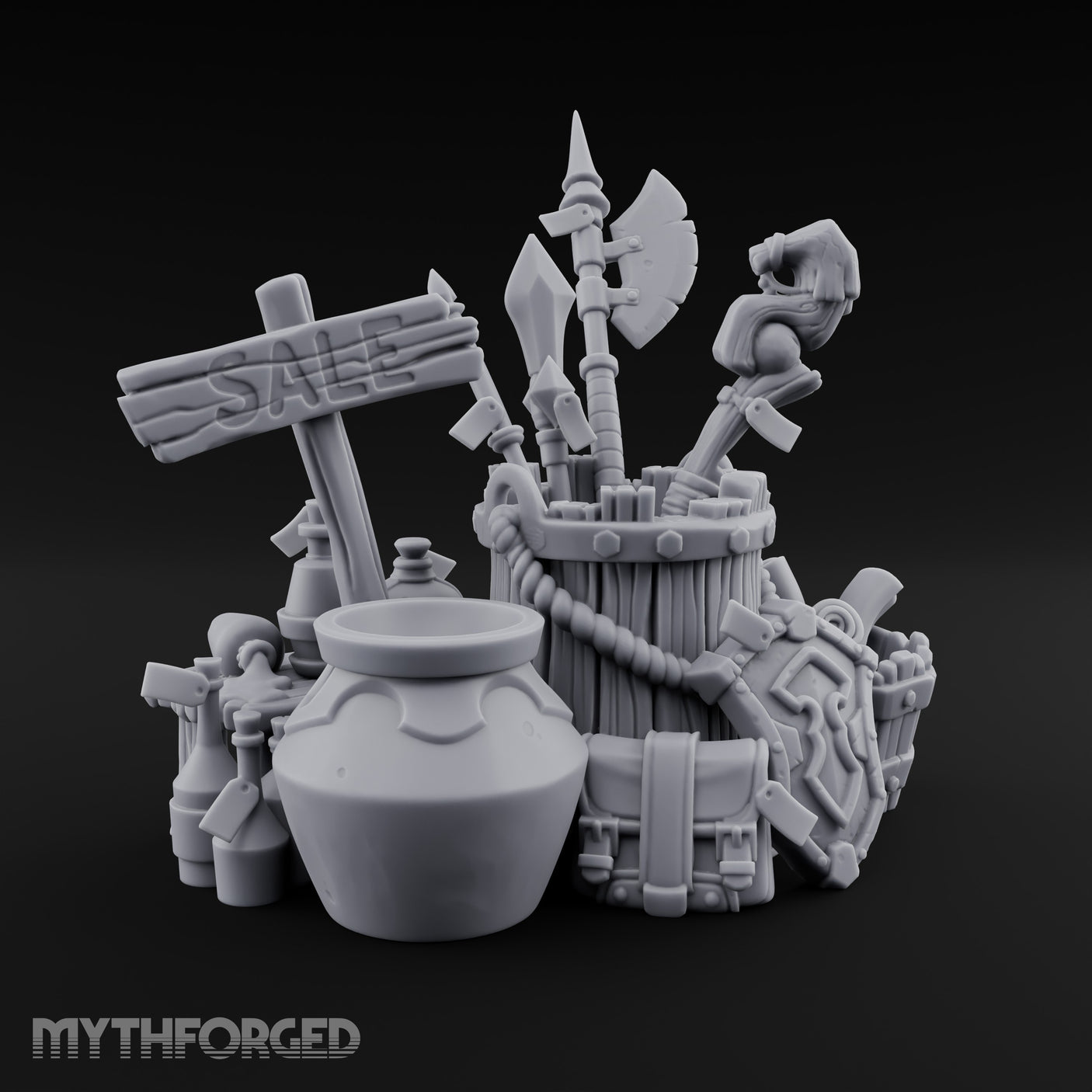 Sign-Posted Weapon-Stuffed Adventurer's Market Clutter Scene Miniature for Dungeons and Dragons, Pathfinder or other TTRPGs