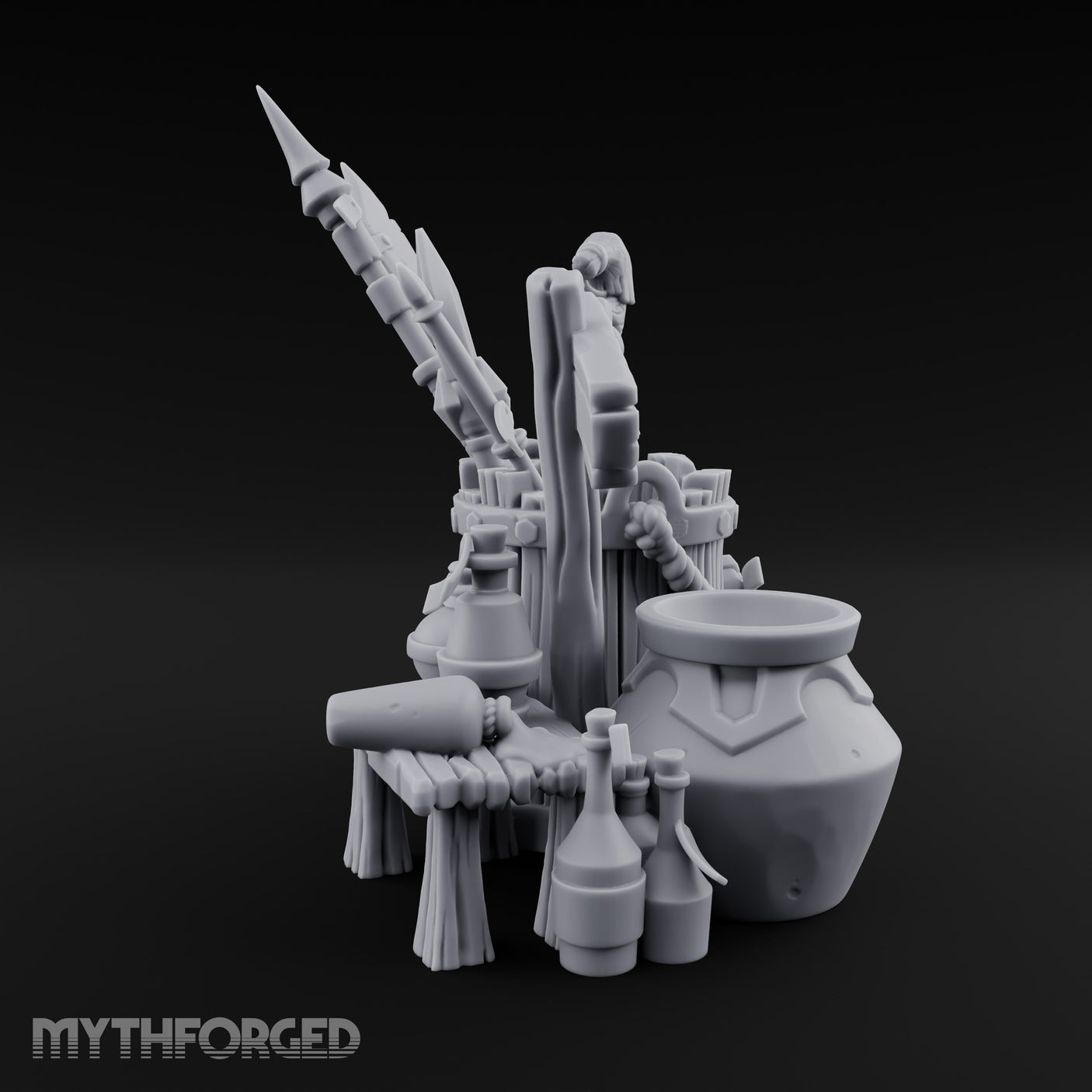 Sign-Posted Weapon-Stuffed Adventurer's Market Clutter Scene Miniature for Dungeons and Dragons, Pathfinder or other TTRPGs
