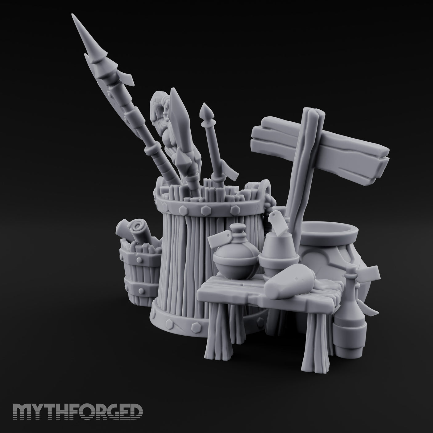 Sign-Posted Weapon-Stuffed Adventurer's Market Clutter Scene Miniature for Dungeons and Dragons, Pathfinder or other TTRPGs