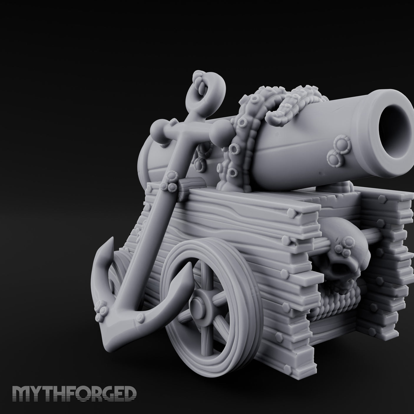 Skull-Bolted Tentacle-Gripped Pirate Cannon Miniature for Dungeons and Dragons, Pathfinder or other TTRPGs