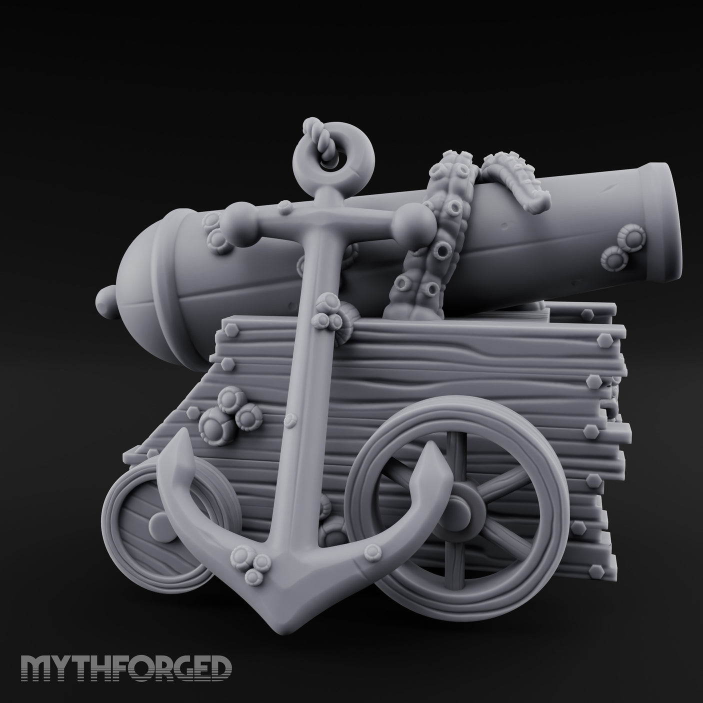 Skull-Bolted Tentacle-Gripped Pirate Cannon Miniature for Dungeons and Dragons, Pathfinder or other TTRPGs