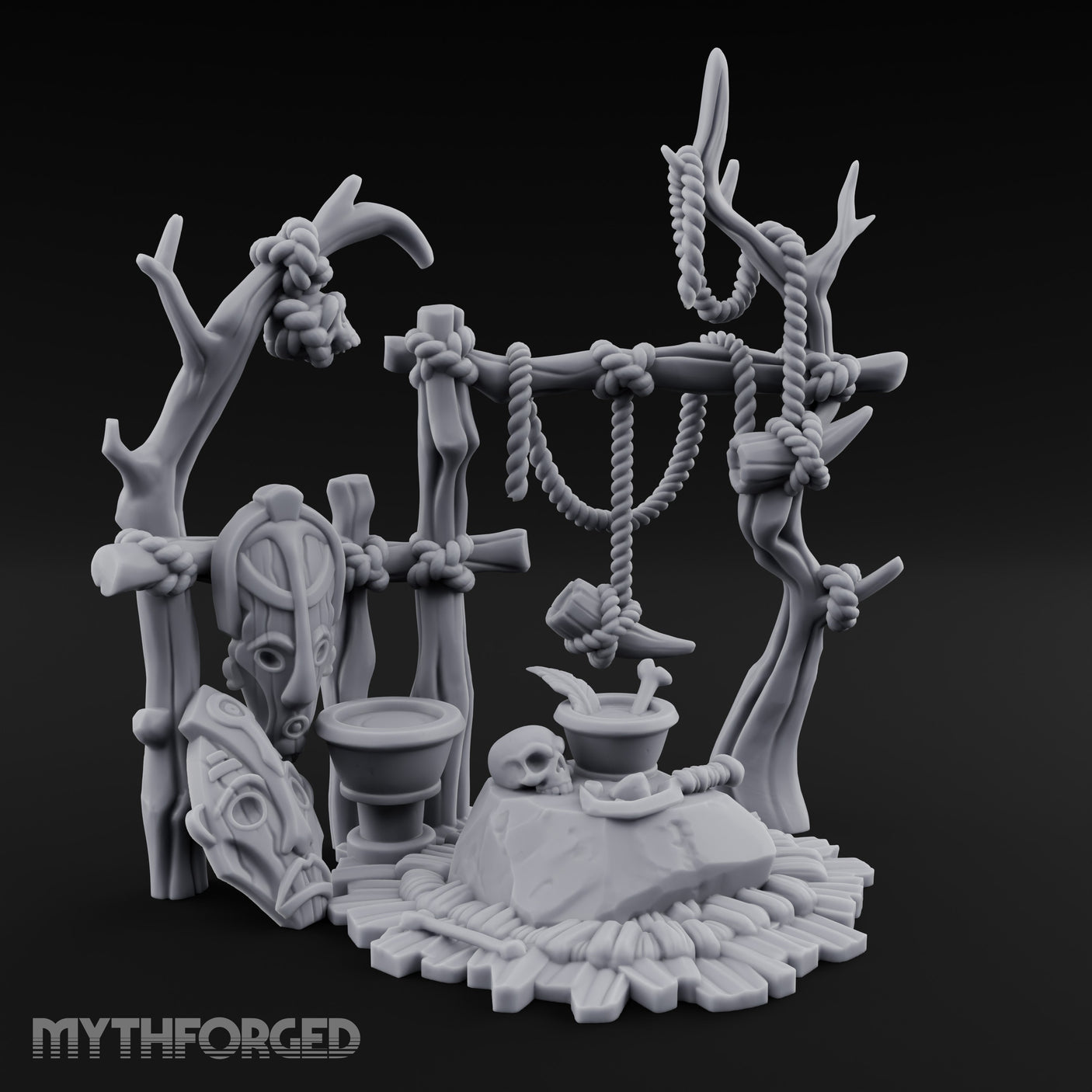 Skull-Centered Rope-Strung Tribal Ritual Altar Scene Miniature for Dungeons and Dragons, Pathfinder or other TTRPGs