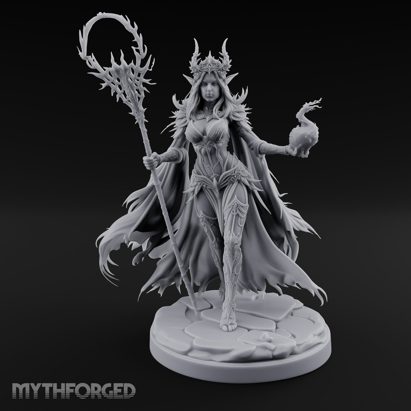 Skull Clutching Scythe Staff Bearing Elf Witch Miniature for Dungeons and Dragons, Pathfinder or other TTRPGs
