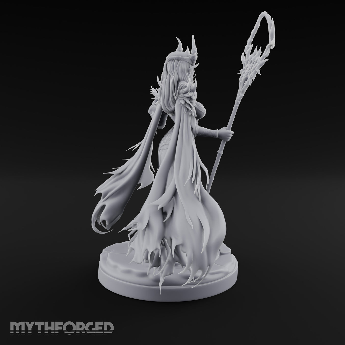 Skull Clutching Scythe Staff Bearing Elf Witch Miniature for Dungeons and Dragons, Pathfinder or other TTRPGs
