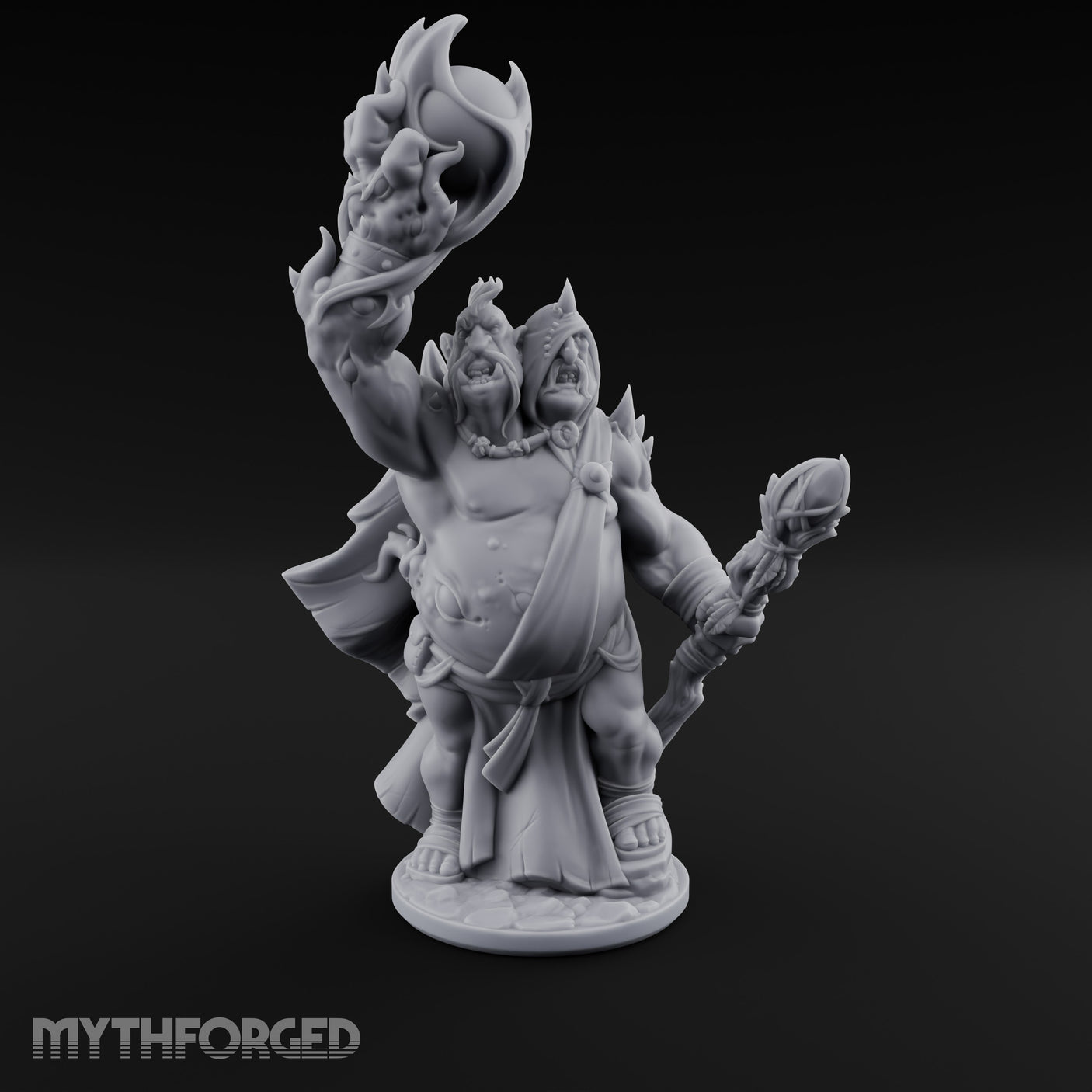 Skull Flame Raising Ettin Shaman Miniature for Dungeons and Dragons, Pathfinder or other TTRPGs