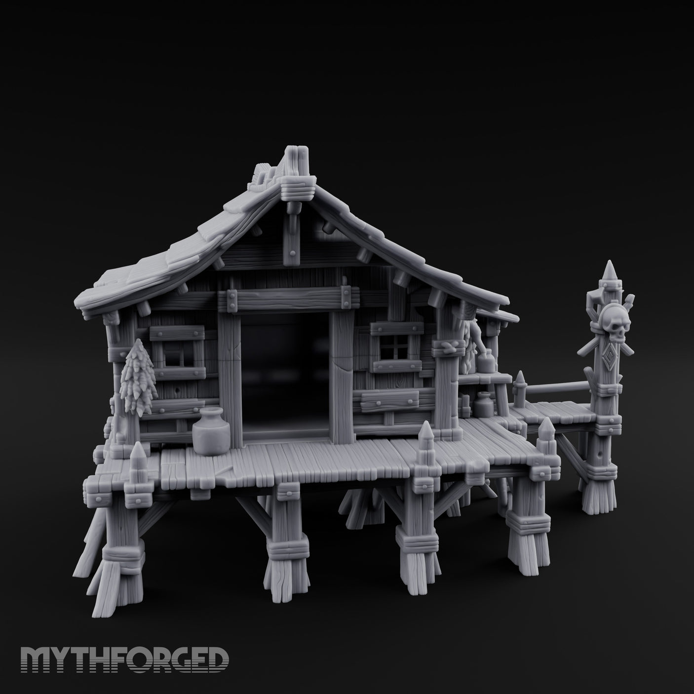 Skull-Posted Fetish-Hung Swamp Witch Hut Miniature for Dungeons and Dragons, Pathfinder or other TTRPGs