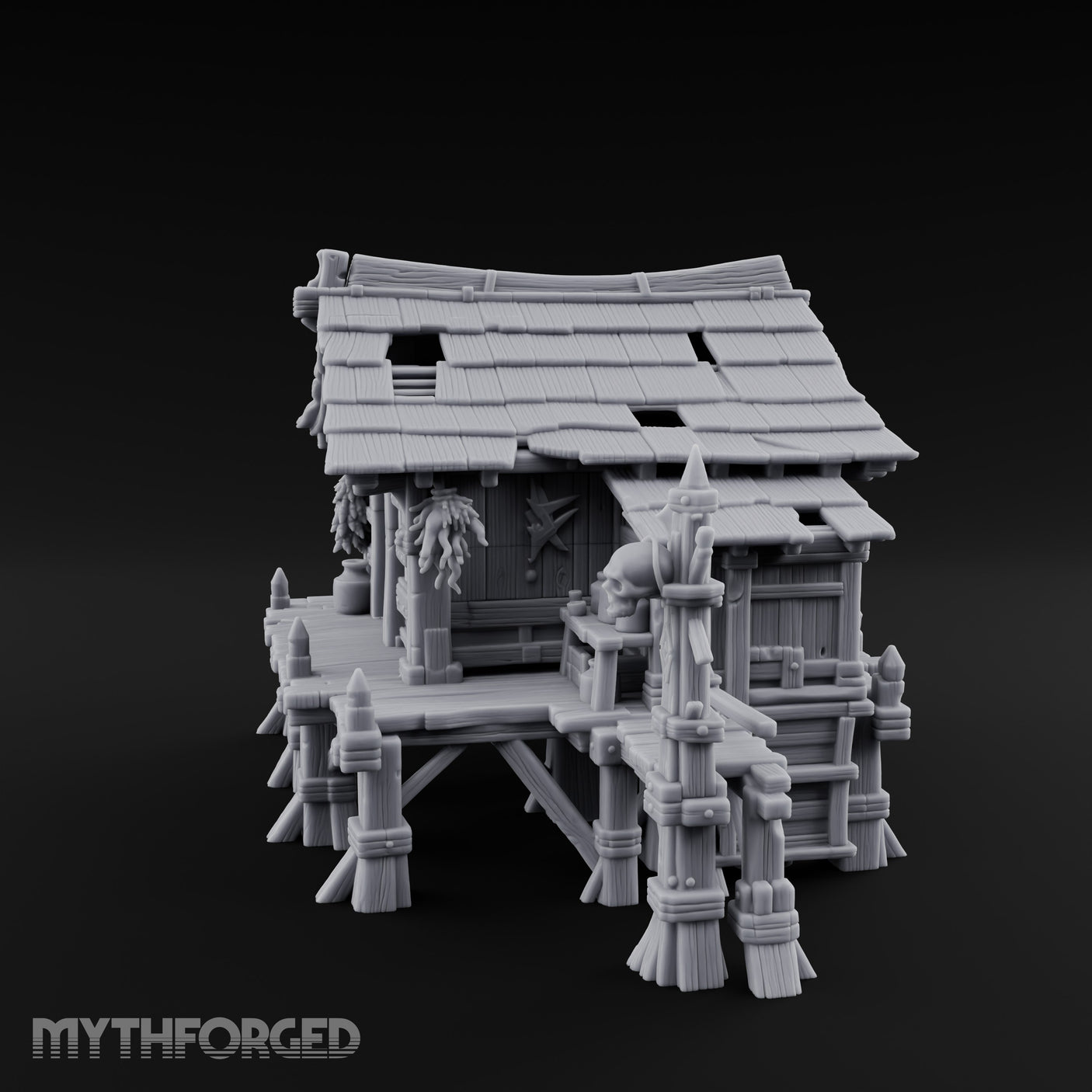 Skull-Posted Fetish-Hung Swamp Witch Hut Miniature for Dungeons and Dragons, Pathfinder or other TTRPGs