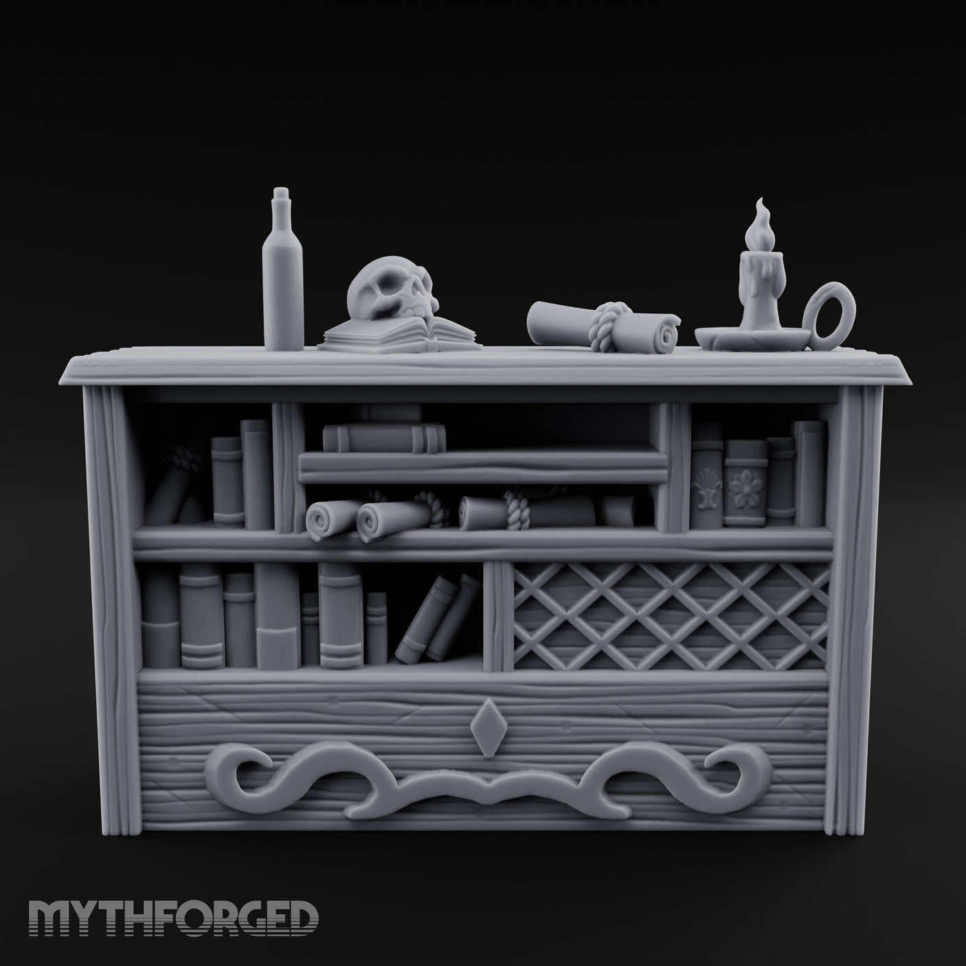 Skull-Rested Scroll-Cluttered Pirate Scholar's Bookcase