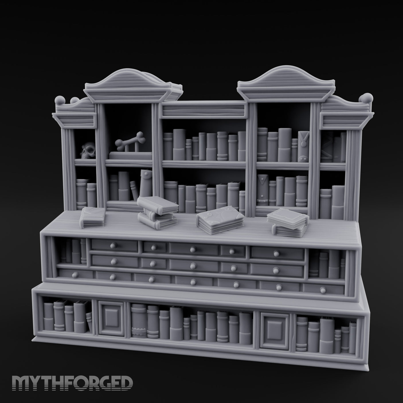 Skull-Shelved Drawer-Banked Scholar's Grand Library Cabinet Miniature for Dungeons and Dragons, Pathfinder or other TTRPGs