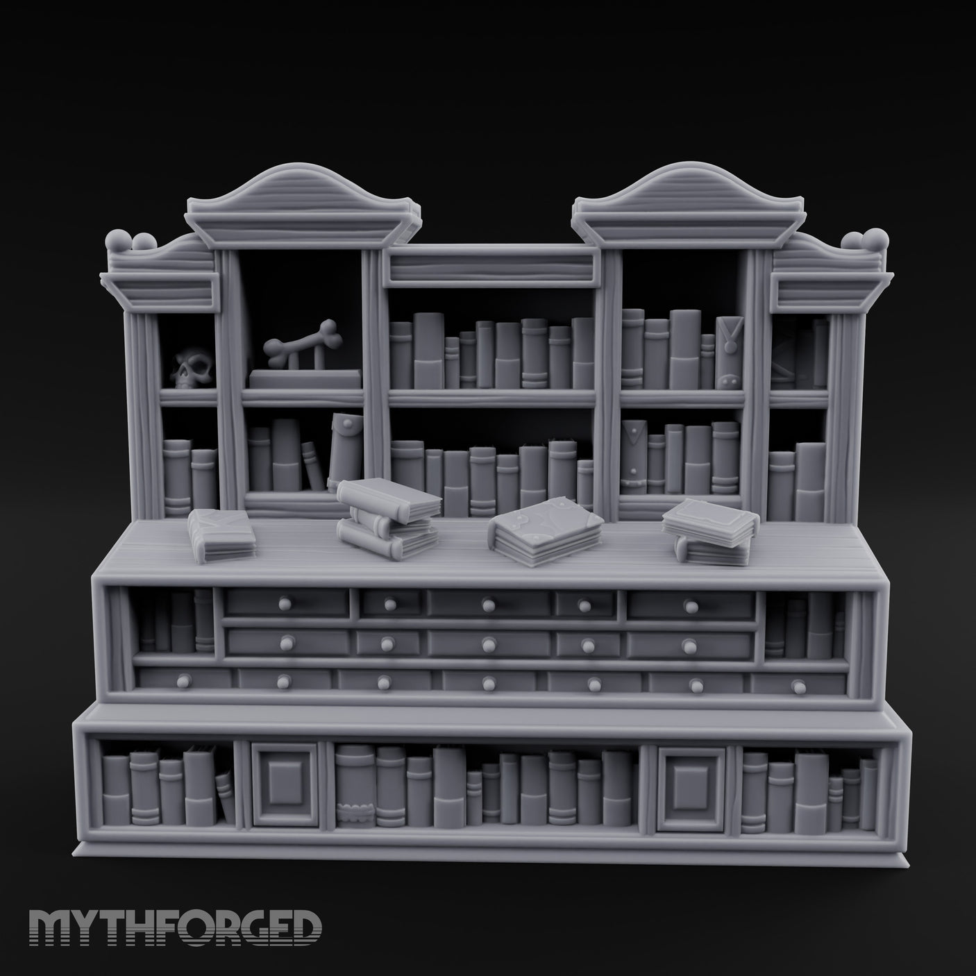 Skull-Shelved Drawer-Banked Scholar's Grand Library Cabinet Miniature for Dungeons and Dragons, Pathfinder or other TTRPGs