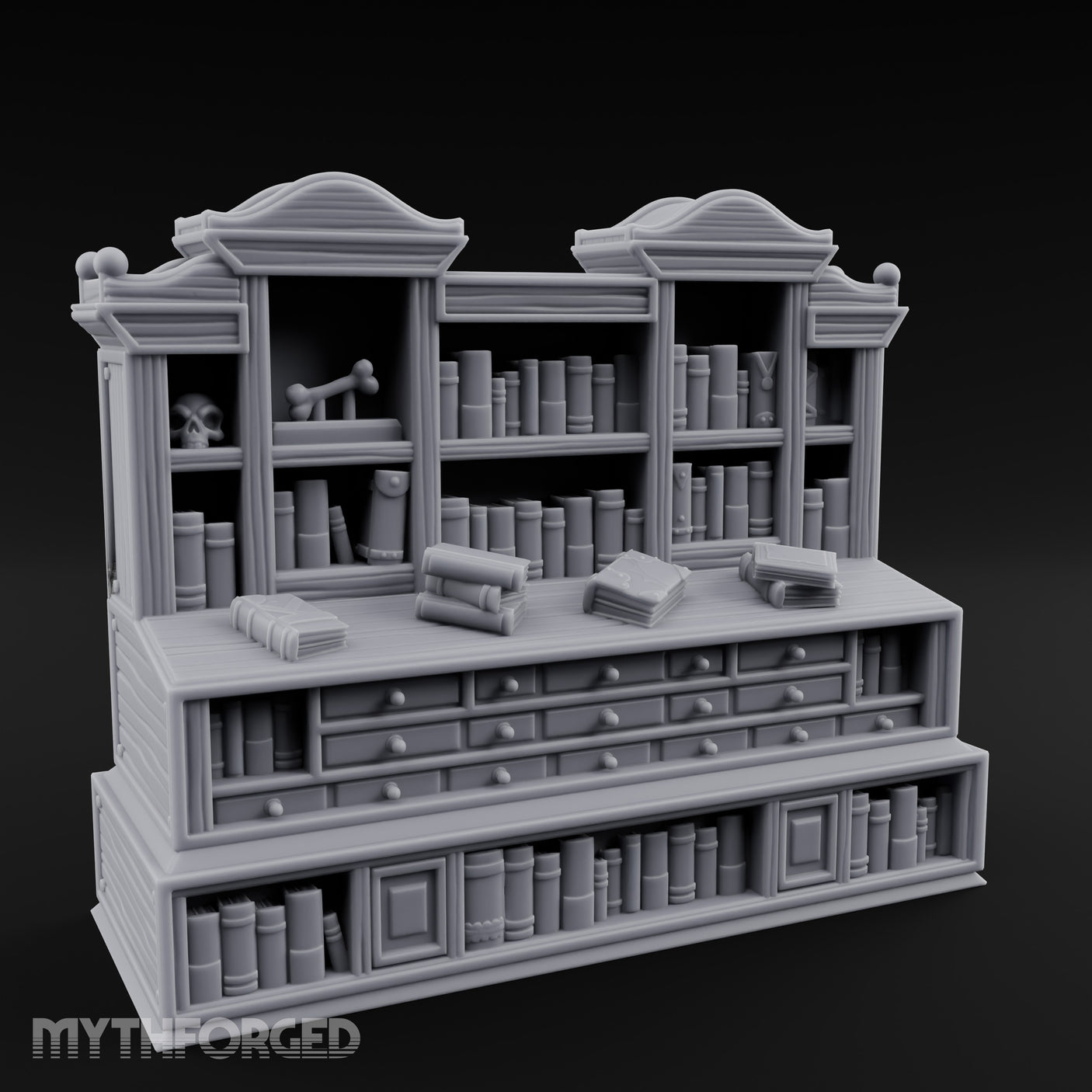 Skull-Shelved Drawer-Banked Scholar's Grand Library Cabinet Miniature for Dungeons and Dragons, Pathfinder or other TTRPGs