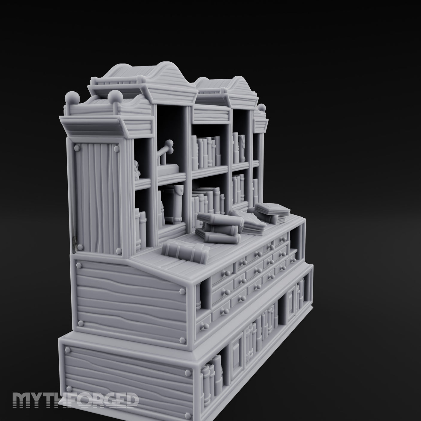 Skull-Shelved Drawer-Banked Scholar's Grand Library Cabinet Miniature for Dungeons and Dragons, Pathfinder or other TTRPGs