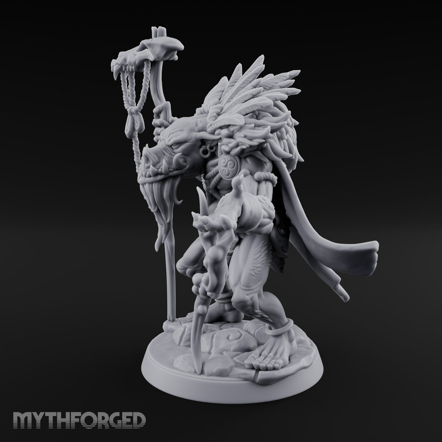 Skull Staff Raising Pig Orc Shaman Miniature for Dungeons and Dragons, Pathfinder or other TTRPGs
