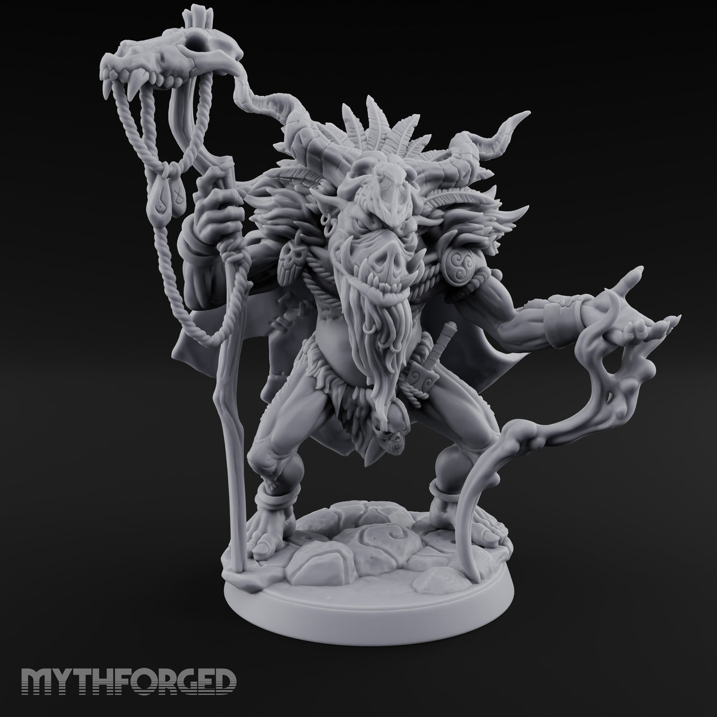 Skull Staff Raising Pig Orc Shaman Miniature for Dungeons and Dragons, Pathfinder or other TTRPGs