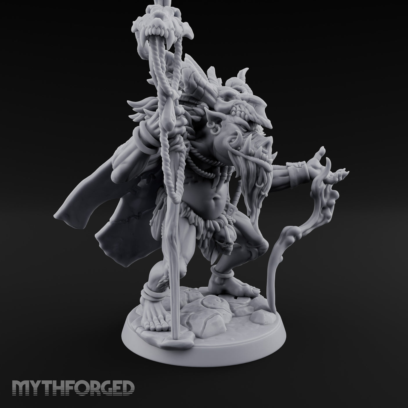 Skull Staff Raising Pig Orc Shaman Miniature for Dungeons and Dragons, Pathfinder or other TTRPGs