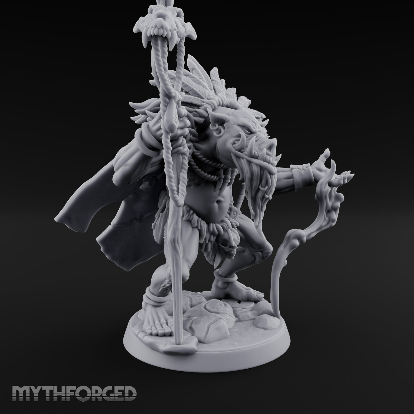 Skull Staff Raising Pig Orc Shaman Miniature for Dungeons and Dragons, Pathfinder or other TTRPGs