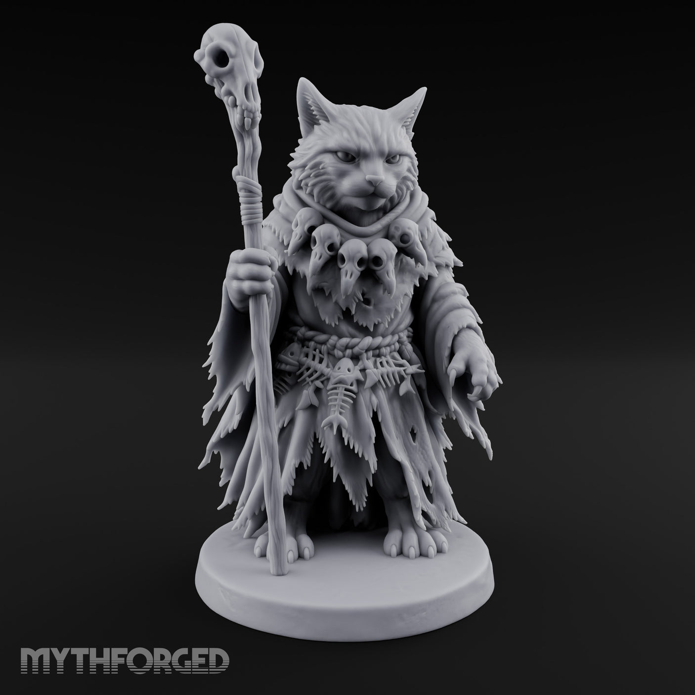 Skull Staff Wielding Tabaxi Necromancer Miniature for Dungeons and Dragons, Pathfinder or other TTRPGs