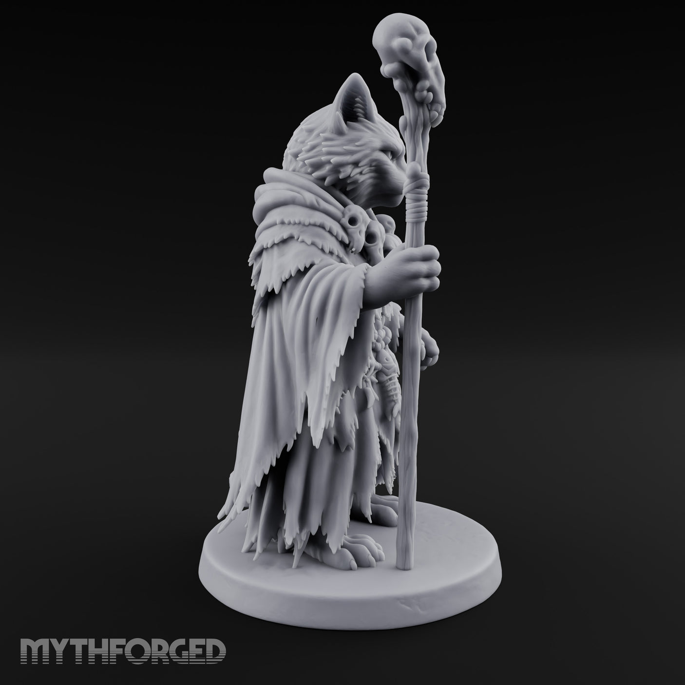 Skull Staff Wielding Tabaxi Necromancer Miniature for Dungeons and Dragons, Pathfinder or other TTRPGs