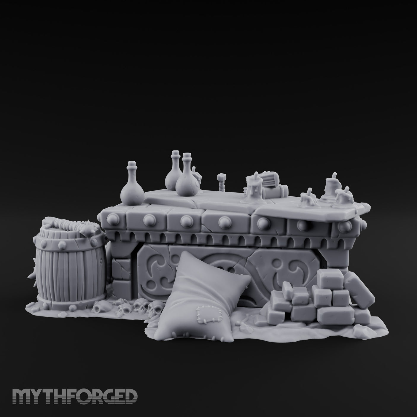Skull-Strewn Potion-Cluttered Alchemist Workbench Miniature for Dungeons and Dragons, Pathfinder or other TTRPGs