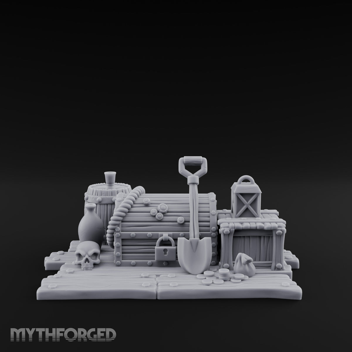 Skull-Strewn Shovel-Propped Locked Chest Hoard Scene Miniature for Dungeons and Dragons, Pathfinder or other TTRPGs