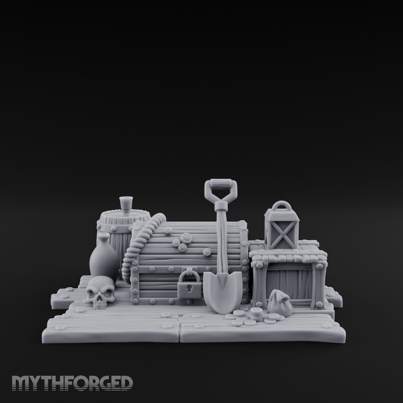 Skull-Strewn Shovel-Propped Locked Chest Hoard Scene Miniature for Dungeons and Dragons, Pathfinder or other TTRPGs