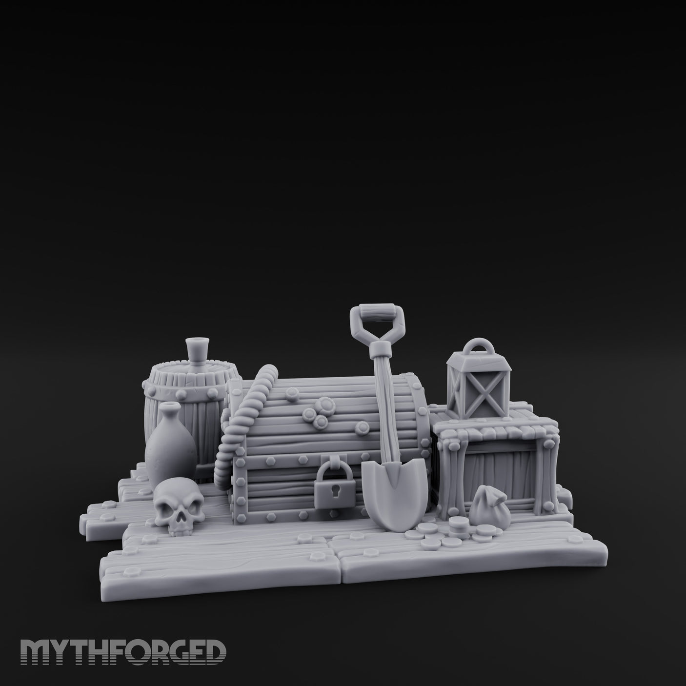 Skull-Strewn Shovel-Propped Locked Chest Hoard Scene Miniature for Dungeons and Dragons, Pathfinder or other TTRPGs