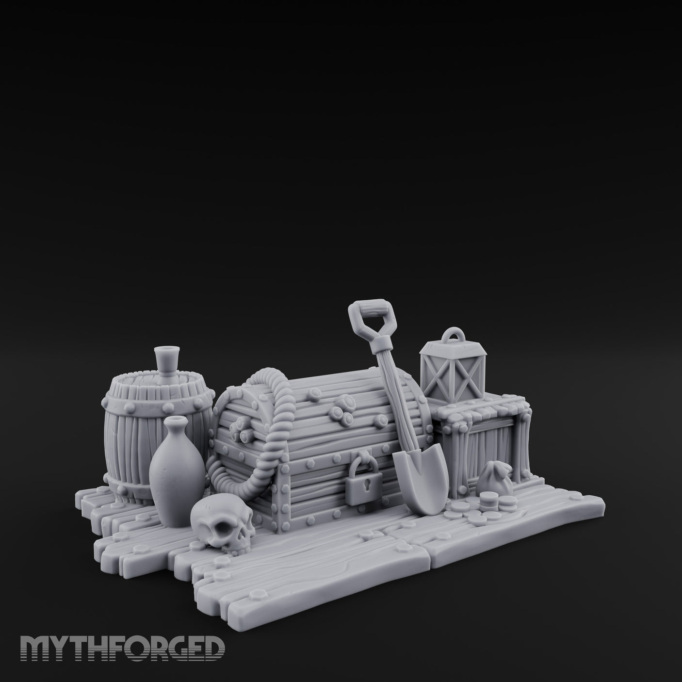Skull-Strewn Shovel-Propped Locked Chest Hoard Scene Miniature for Dungeons and Dragons, Pathfinder or other TTRPGs