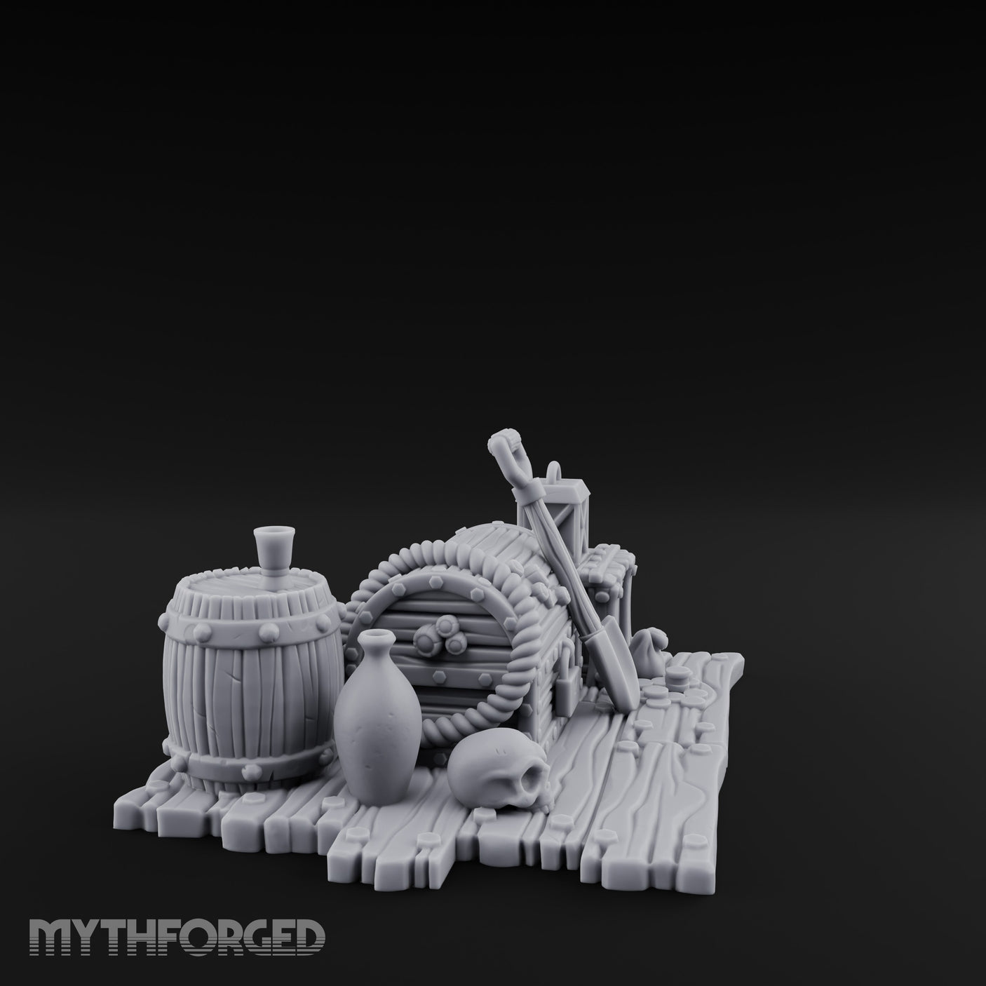 Skull-Strewn Shovel-Propped Locked Chest Hoard Scene Miniature for Dungeons and Dragons, Pathfinder or other TTRPGs