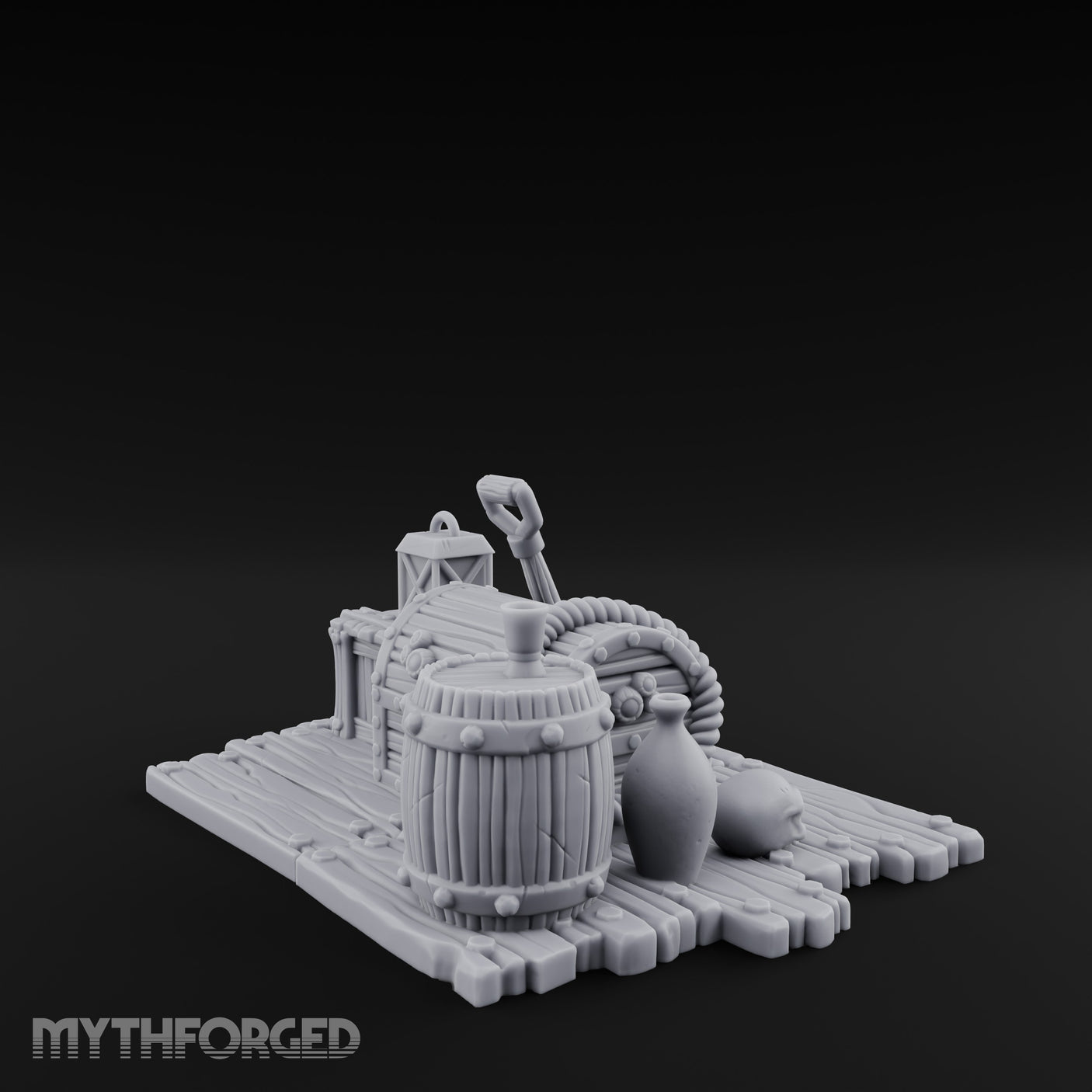 Skull-Strewn Shovel-Propped Locked Chest Hoard Scene Miniature for Dungeons and Dragons, Pathfinder or other TTRPGs