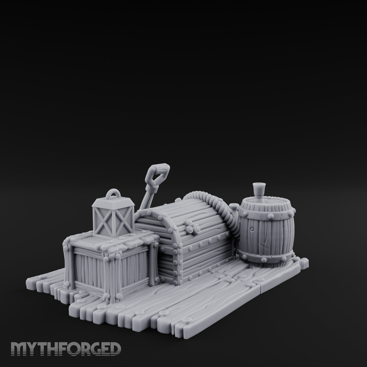 Skull-Strewn Shovel-Propped Locked Chest Hoard Scene Miniature for Dungeons and Dragons, Pathfinder or other TTRPGs
