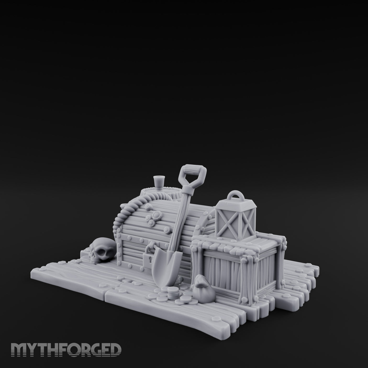 Skull-Strewn Shovel-Propped Locked Chest Hoard Scene Miniature for Dungeons and Dragons, Pathfinder or other TTRPGs