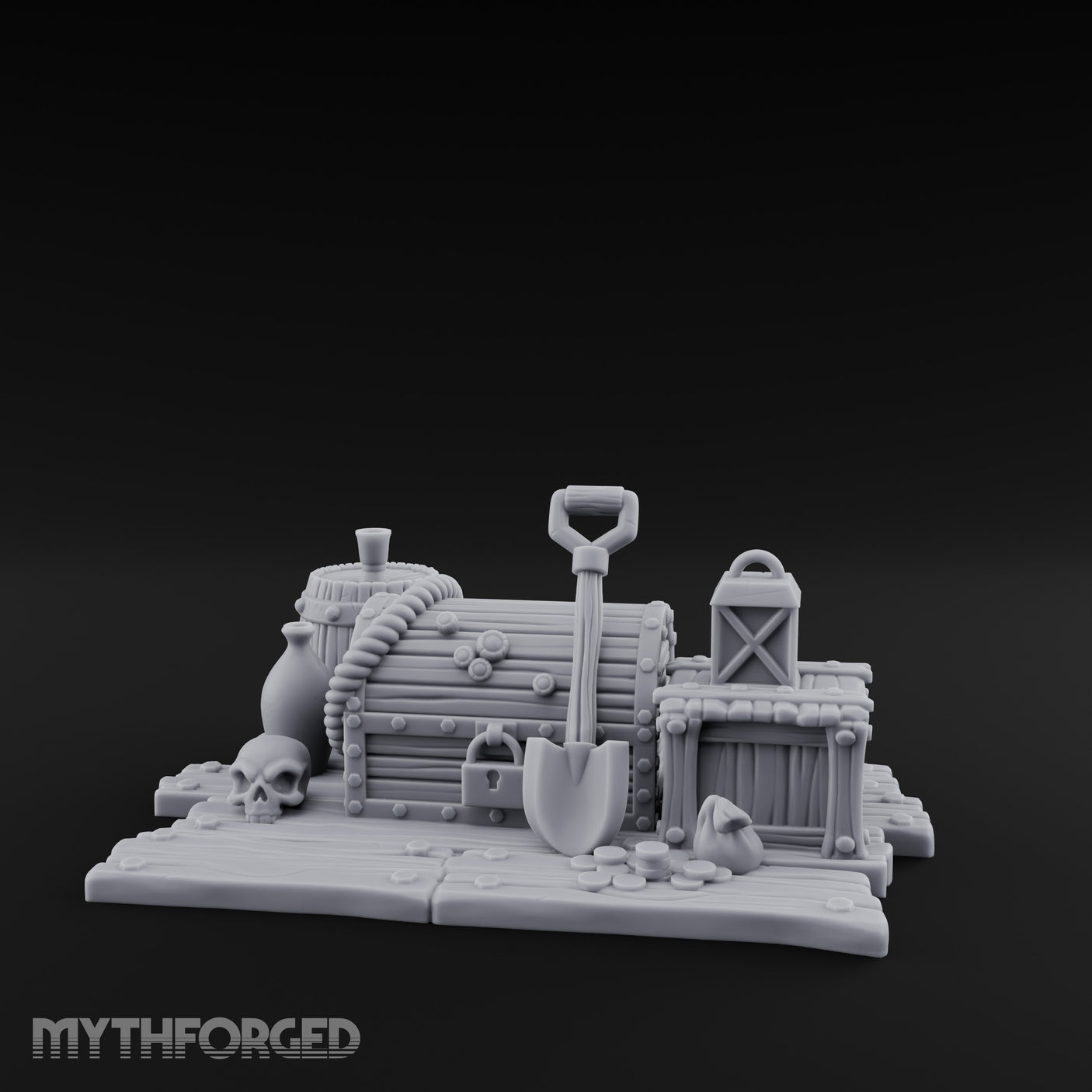 Skull-Strewn Shovel-Propped Locked Chest Hoard Scene Miniature for Dungeons and Dragons, Pathfinder or other TTRPGs