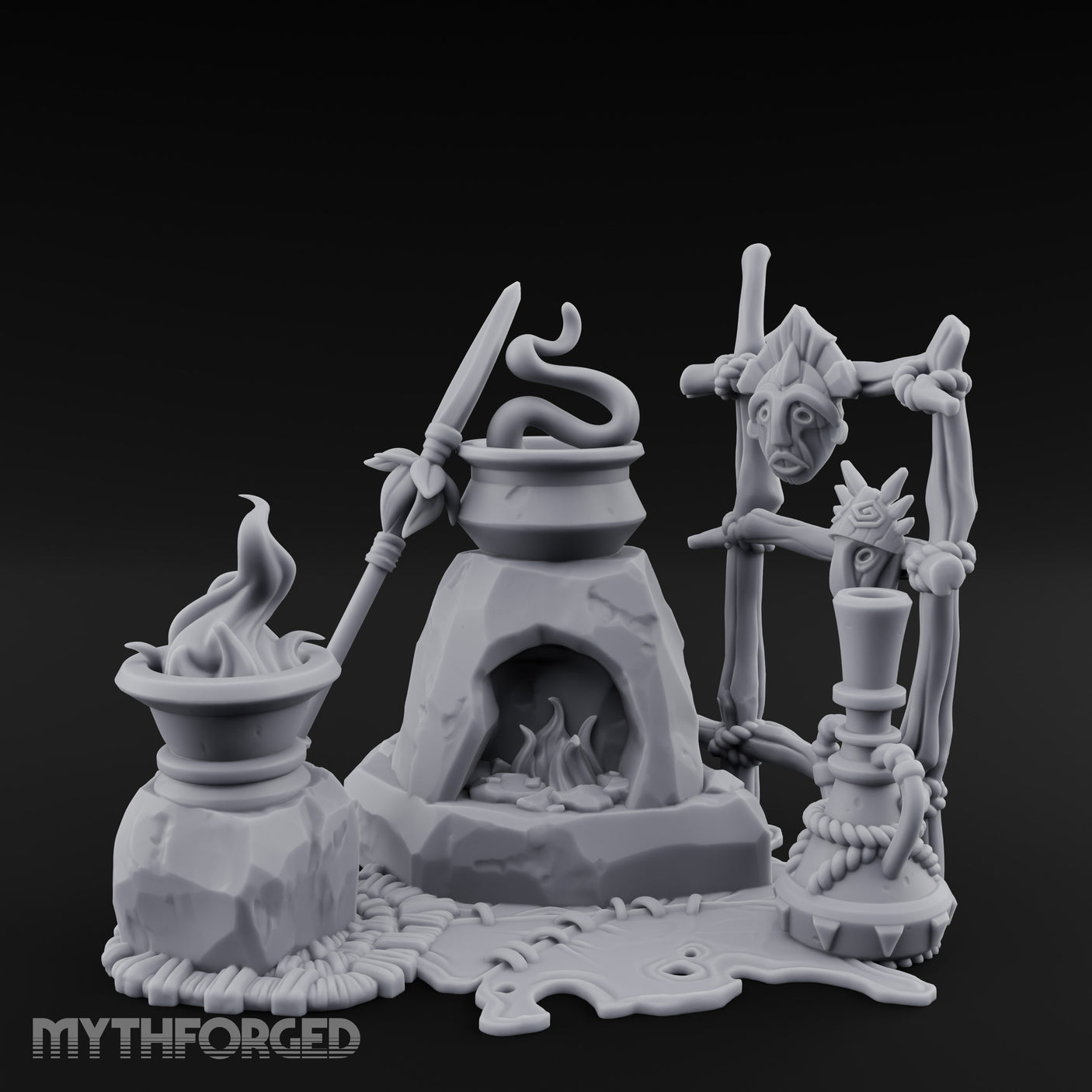 Snake-Stirred Idol-Framed Tribal Witch Cauldron Scene Miniature for Dungeons and Dragons, Pathfinder or other TTRPGs
