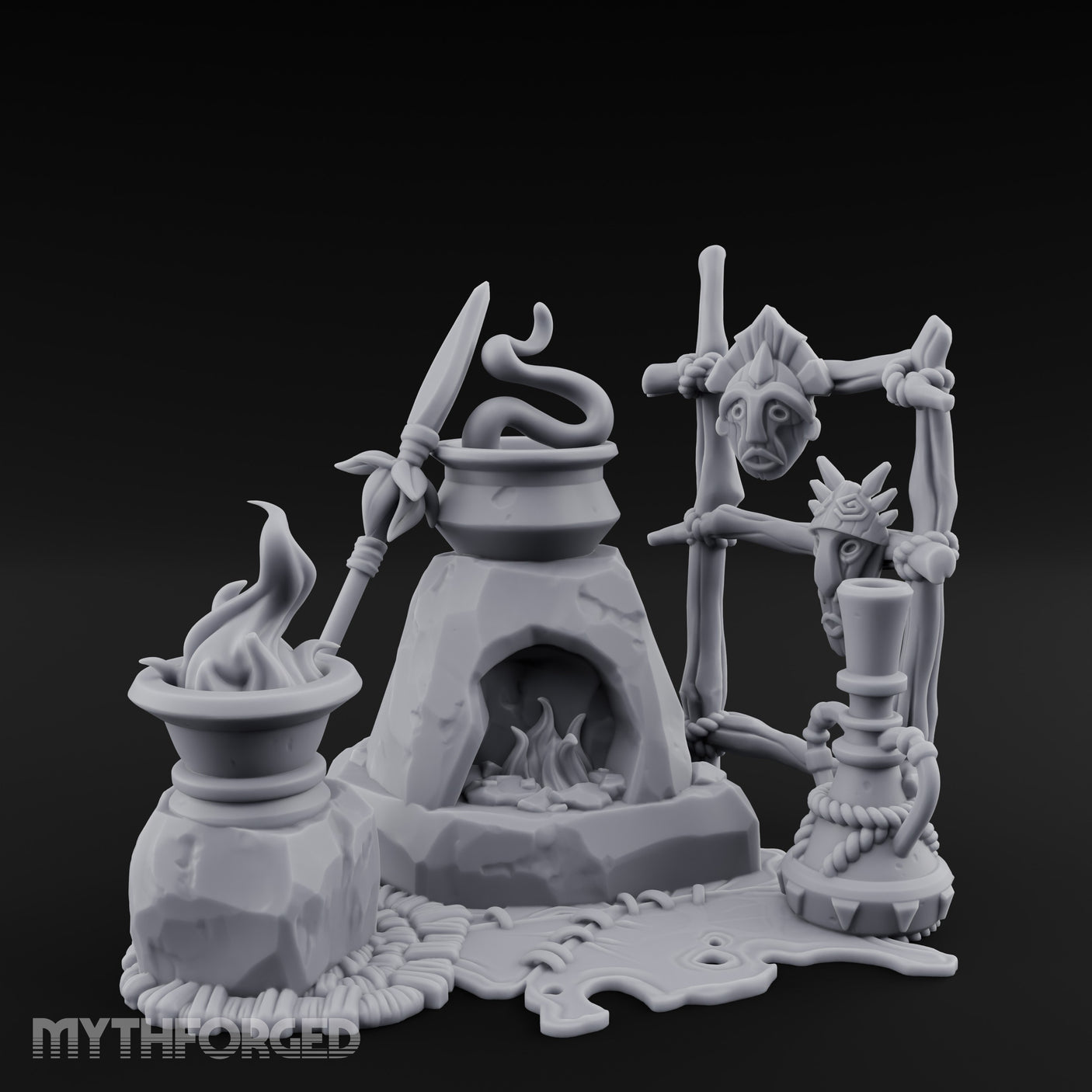Snake-Stirred Idol-Framed Tribal Witch Cauldron Scene Miniature for Dungeons and Dragons, Pathfinder or other TTRPGs
