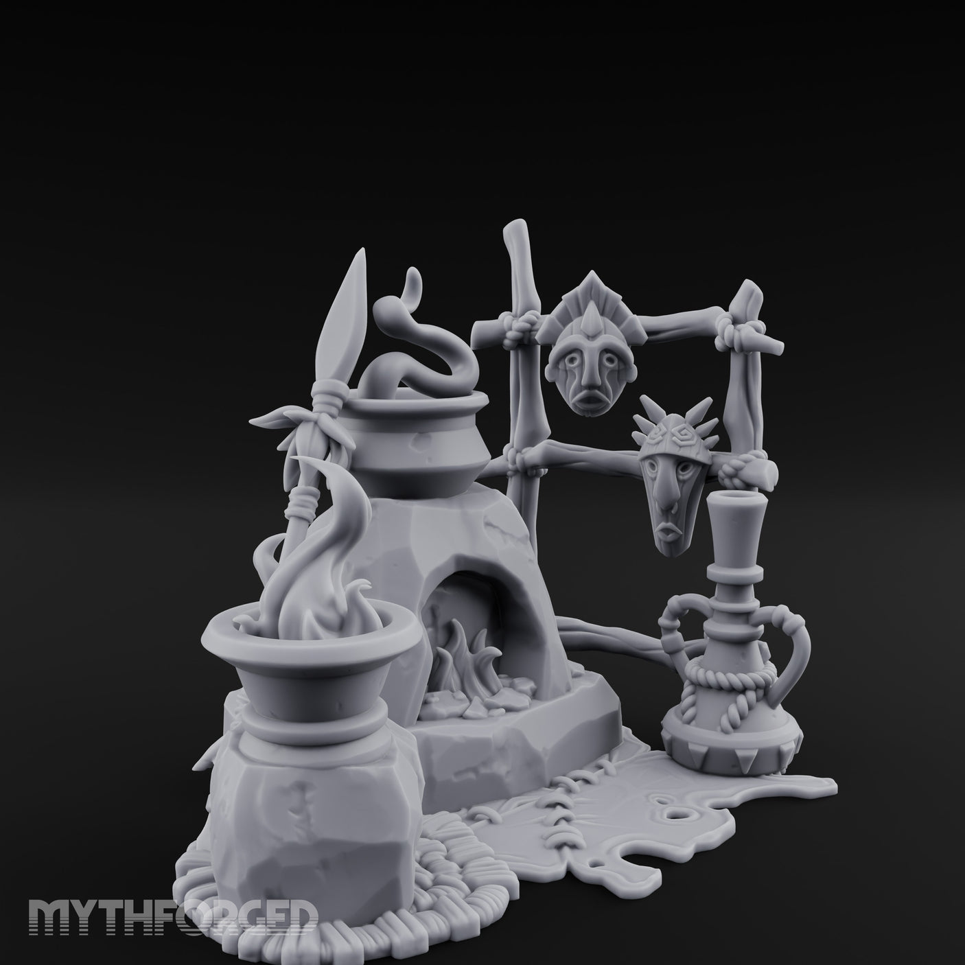 Snake-Stirred Idol-Framed Tribal Witch Cauldron Scene Miniature for Dungeons and Dragons, Pathfinder or other TTRPGs