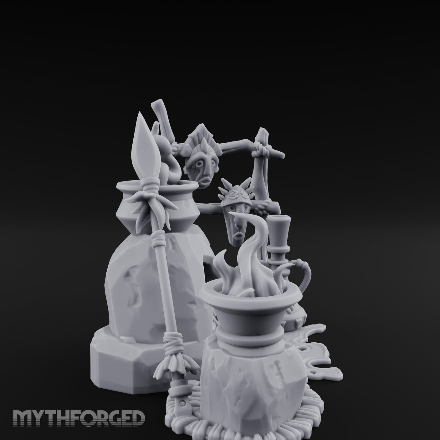 Snake-Stirred Idol-Framed Tribal Witch Cauldron Scene Miniature for Dungeons and Dragons, Pathfinder or other TTRPGs