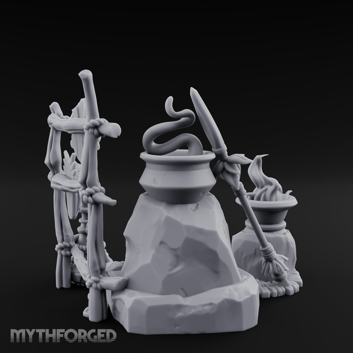 Snake-Stirred Idol-Framed Tribal Witch Cauldron Scene Miniature for Dungeons and Dragons, Pathfinder or other TTRPGs