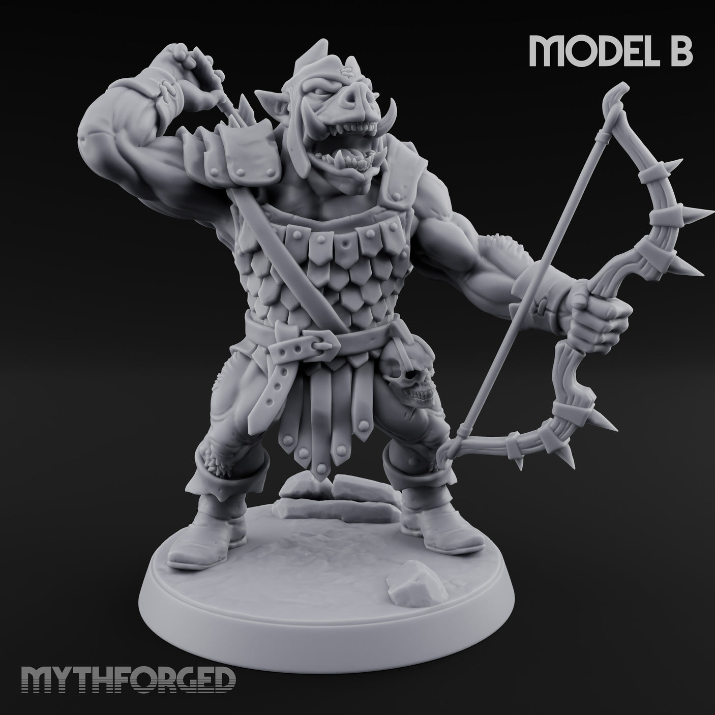 Snarling Bow Drawing Pig Orc Archer B Miniature for Dungeons and Dragons, Pathfinder or other TTRPGs