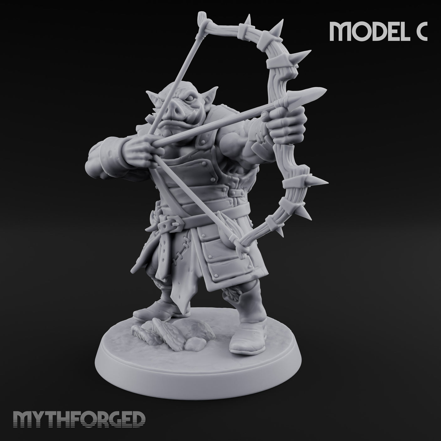 Snarling Bow Drawing Pig Orc Archer C Miniature for Dungeons and Dragons, Pathfinder or other TTRPGs