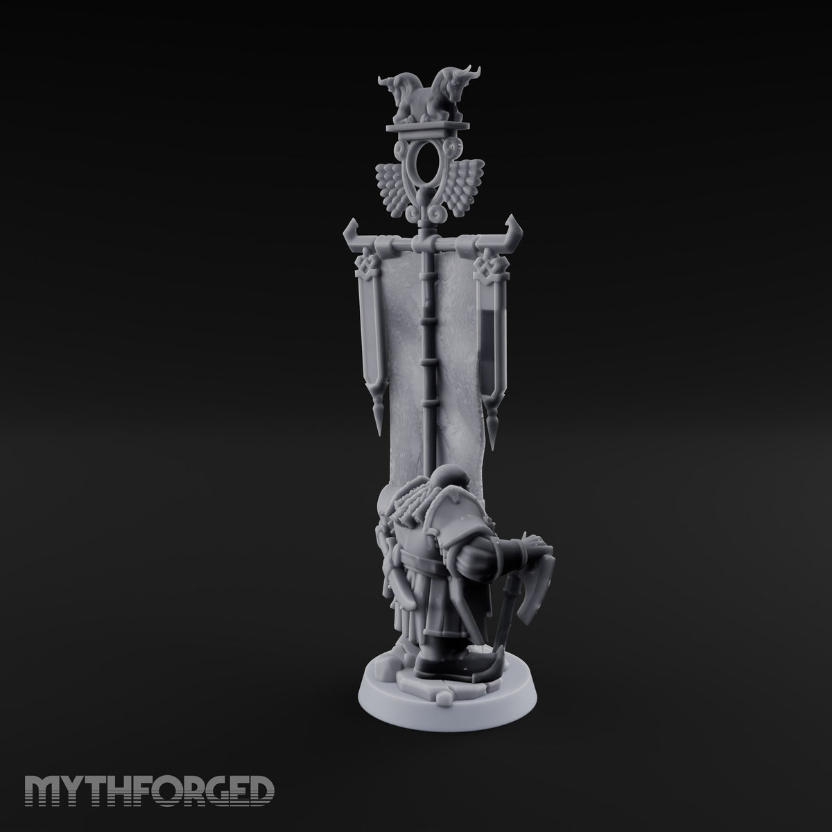 Holding the Standard Dwarf Standard Bearer Miniature for Dungeons and Dragons, Pathfinder or other TTRPGs