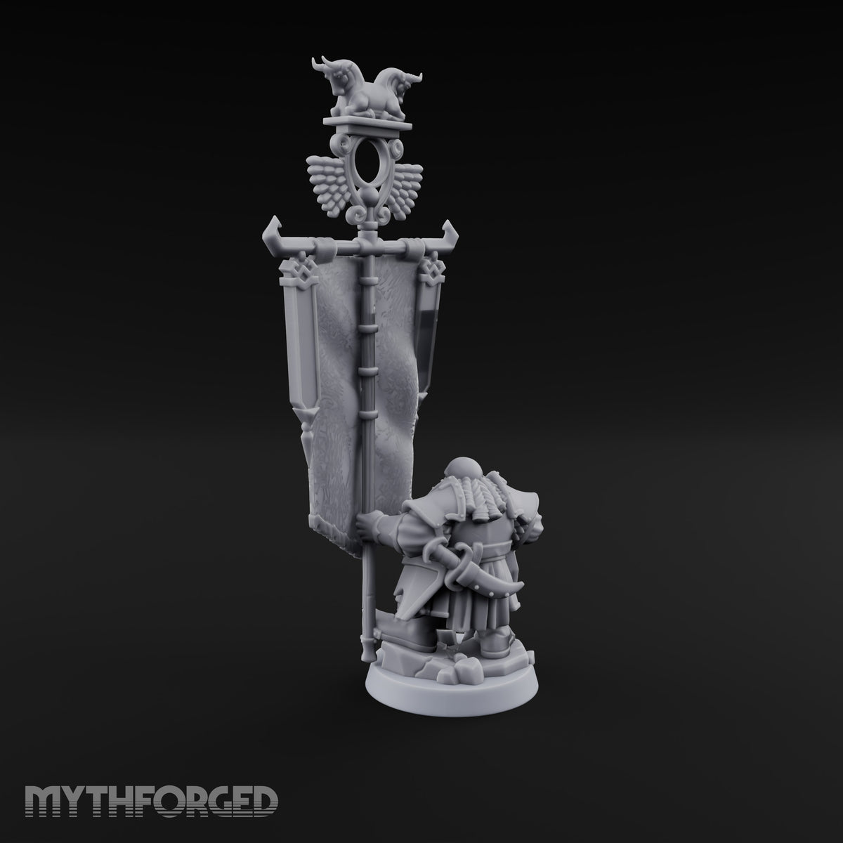 Holding the Standard Dwarf Standard Bearer Miniature for Dungeons and Dragons, Pathfinder or other TTRPGs