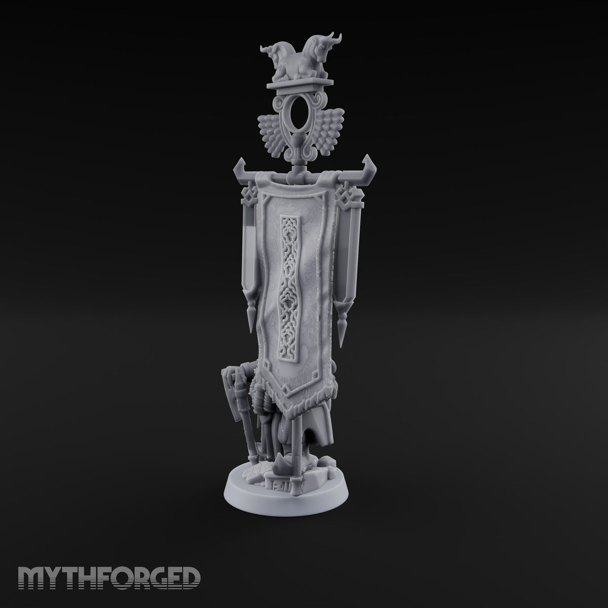 Holding the Standard Dwarf Standard Bearer Miniature for Dungeons and Dragons, Pathfinder or other TTRPGs