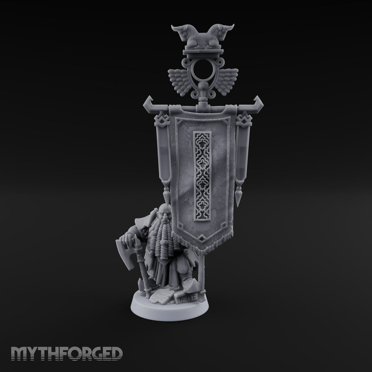 Holding the Standard Dwarf Standard Bearer Miniature for Dungeons and Dragons, Pathfinder or other TTRPGs