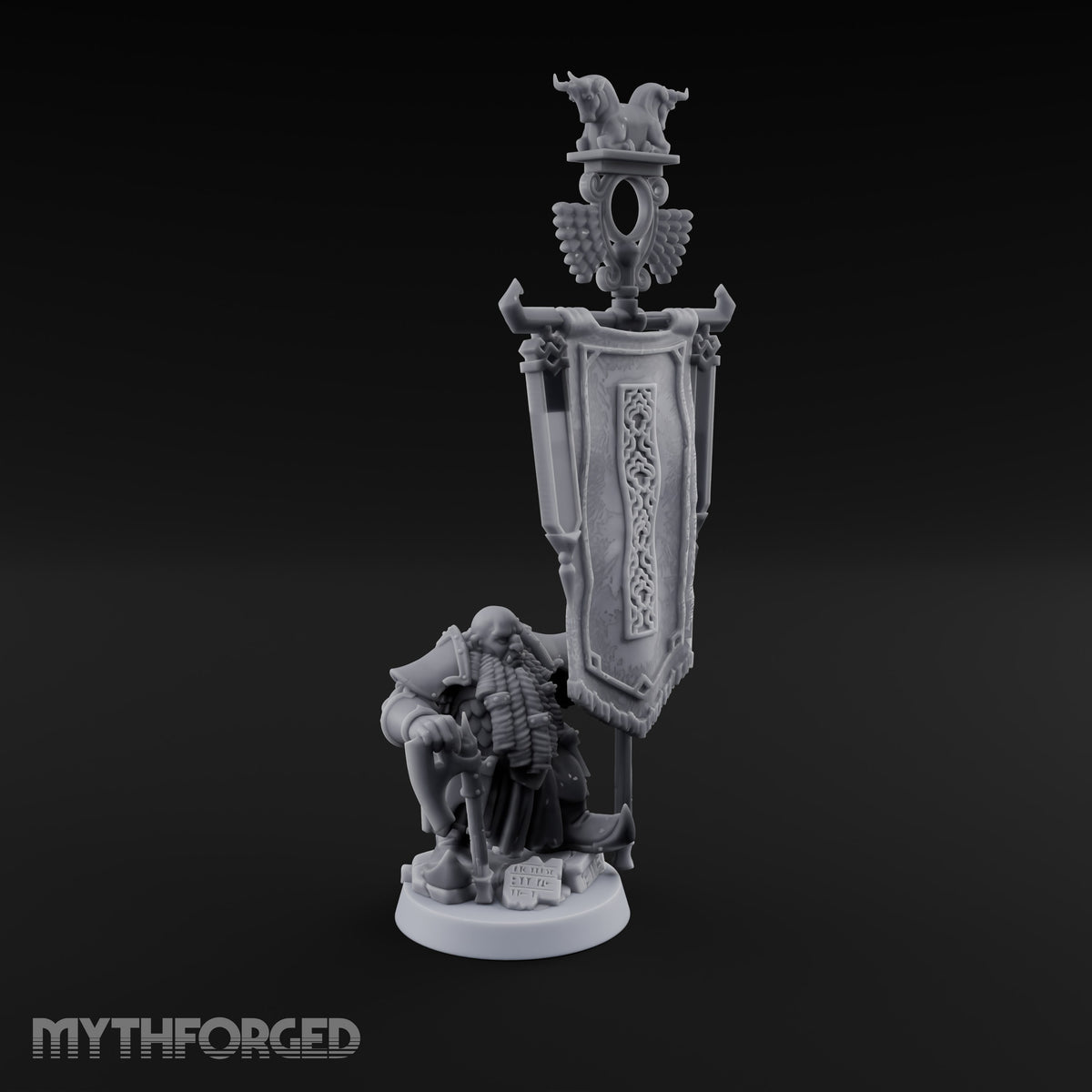 Holding the Standard Dwarf Standard Bearer Miniature for Dungeons and Dragons, Pathfinder or other TTRPGs