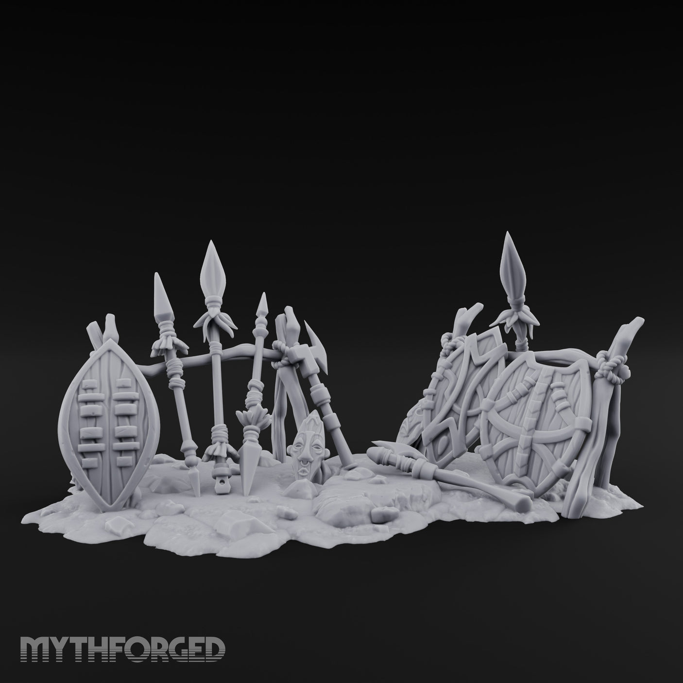 Spear-Crossed Shield-Grounded Tribal Warrior Arms Scene Miniature for Dungeons and Dragons, Pathfinder or other TTRPGs